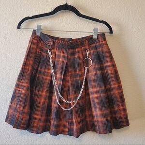 Hot Topic Orange & Black Plaid Pleated Skater Skirt with Silver Chain Goth Punk
